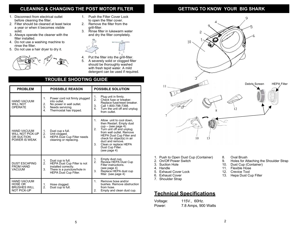 Technical specifications, Cleaning & changing the post motor filter, Trouble shooting guide | Getting to know your big shark | Euro-Pro BIG SHARK EP134 User Manual | Page 3 / 4