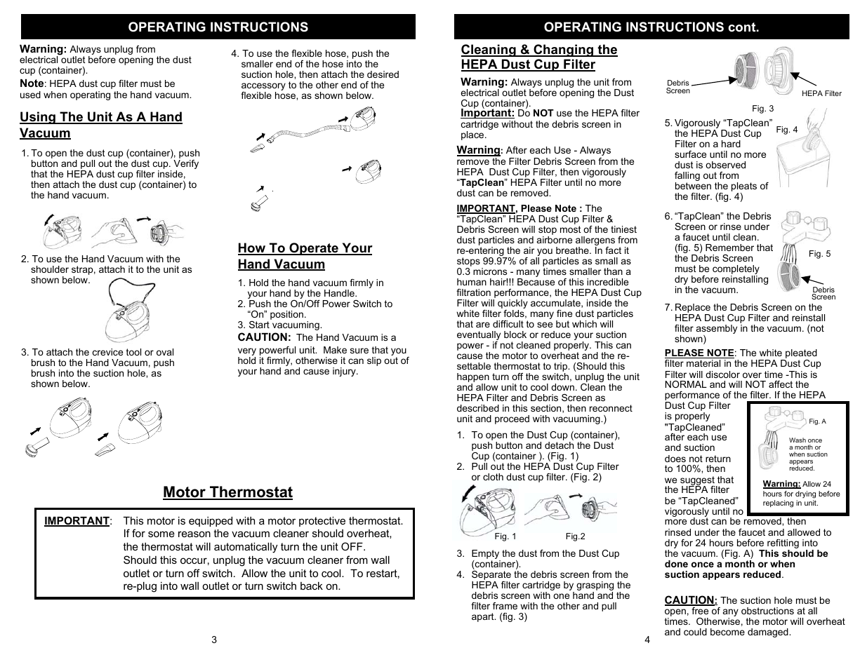 Motor thermostat, Operating instructions, Using the unit as a hand vacuum | How to operate your hand vacuum, Operating instructions cont, Cleaning & changing the hepa dust cup filter | Euro-Pro BIG SHARK EP134 User Manual | Page 4 / 4