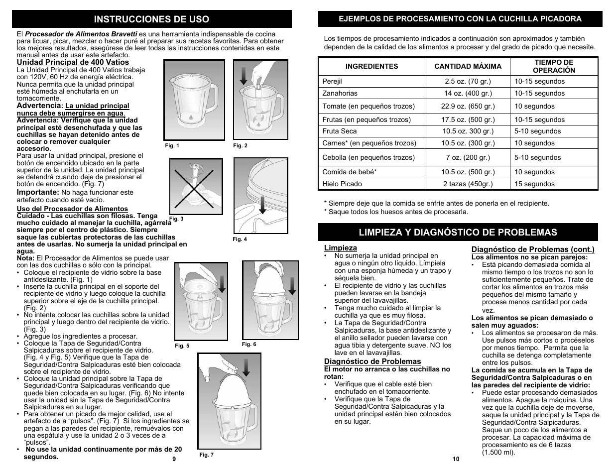 Instrucciones de uso, Limpieza y diagnóstico de problemas | Euro-Pro Bravetti FP105B User Manual | Page 10 / 10