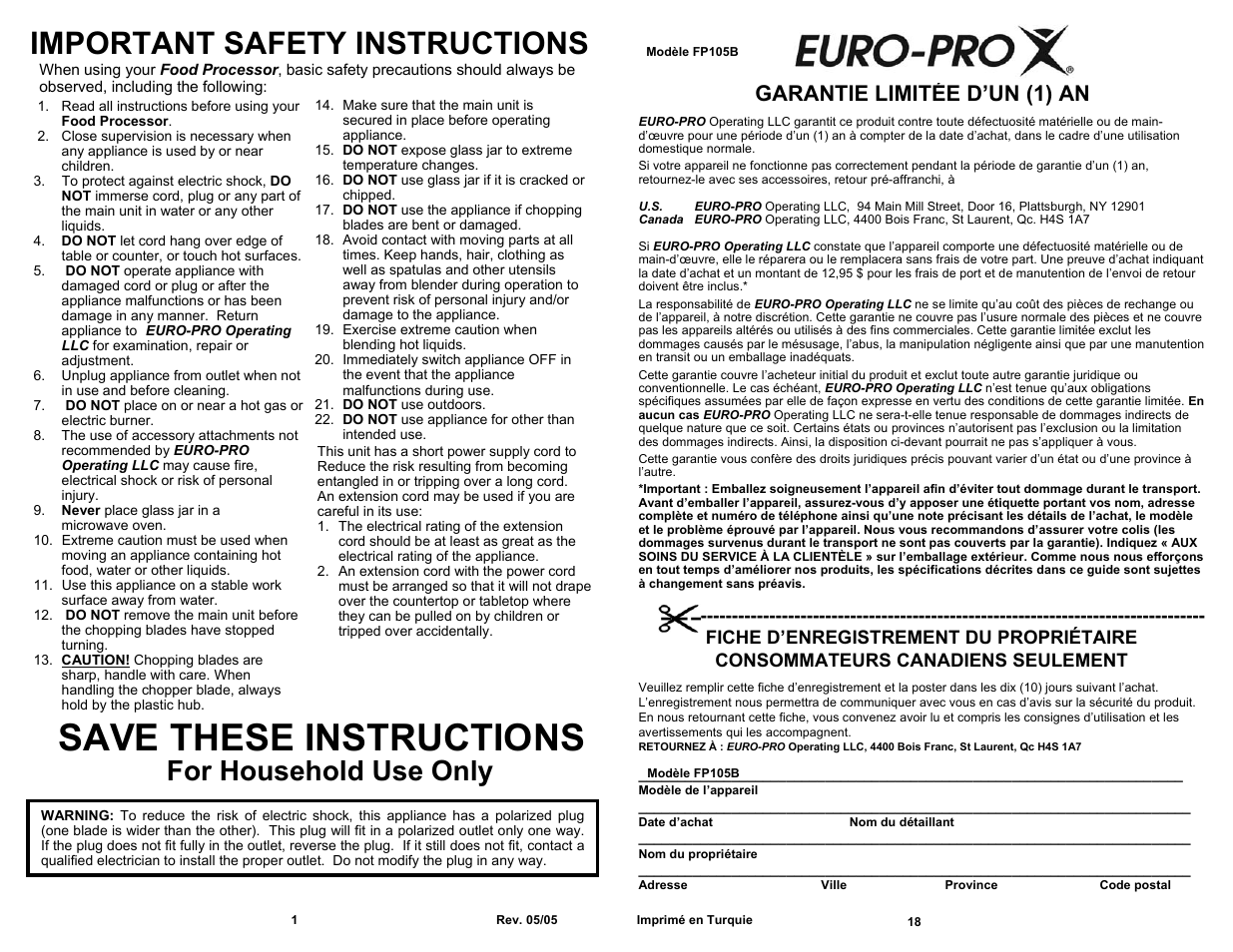 Save these instructions, Important safety instructions, For household use only | Garantie limitée d’un (1) an | Euro-Pro Bravetti FP105B User Manual | Page 2 / 10