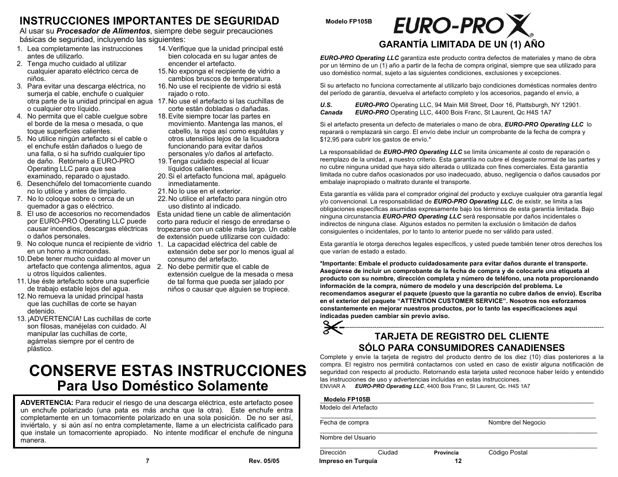 Conserve estas instrucciones, Para uso doméstico solamente, Instrucciones importantes de seguridad | Garantía limitada de un (1) año | Euro-Pro Bravetti FP105B User Manual | Page 8 / 10