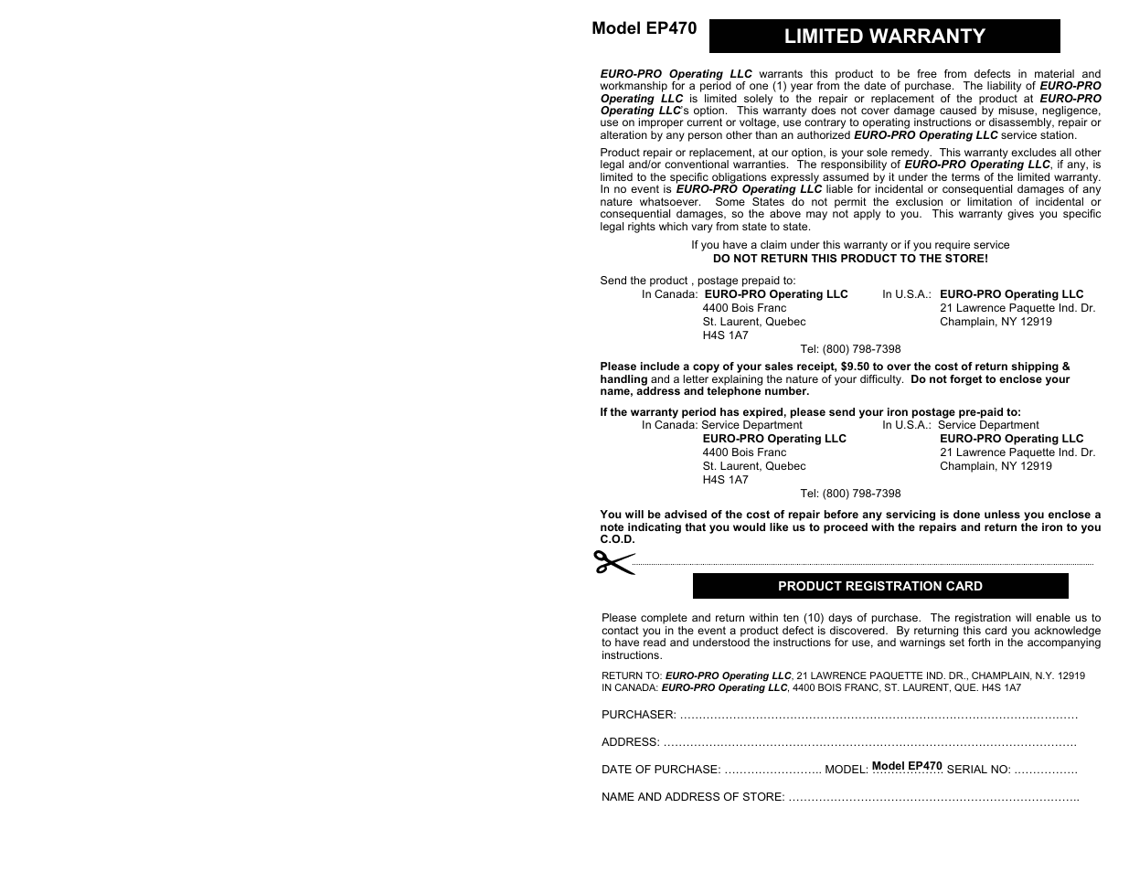 Limited warranty, Model ep470 | Euro-Pro STINGRAY EP470 User Manual | Page 2 / 8