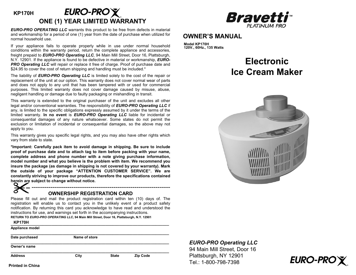 Euro-Pro BRAVETTI PLATINUM PRO KP170H User Manual | 6 pages