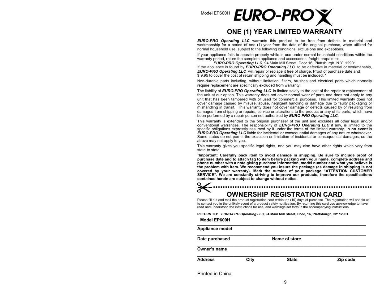 One (1) year limited warranty, Ownership registration card | Euro-Pro EP600H User Manual | Page 2 / 6