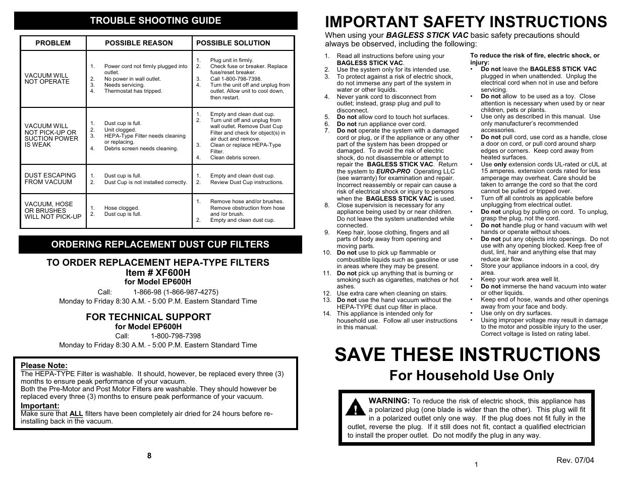 Save these instructions, Important safety instructions, For household use only | Trouble shooting guide, Ordering replacement dust cup filters, For technical support | Euro-Pro EP600H User Manual | Page 3 / 6