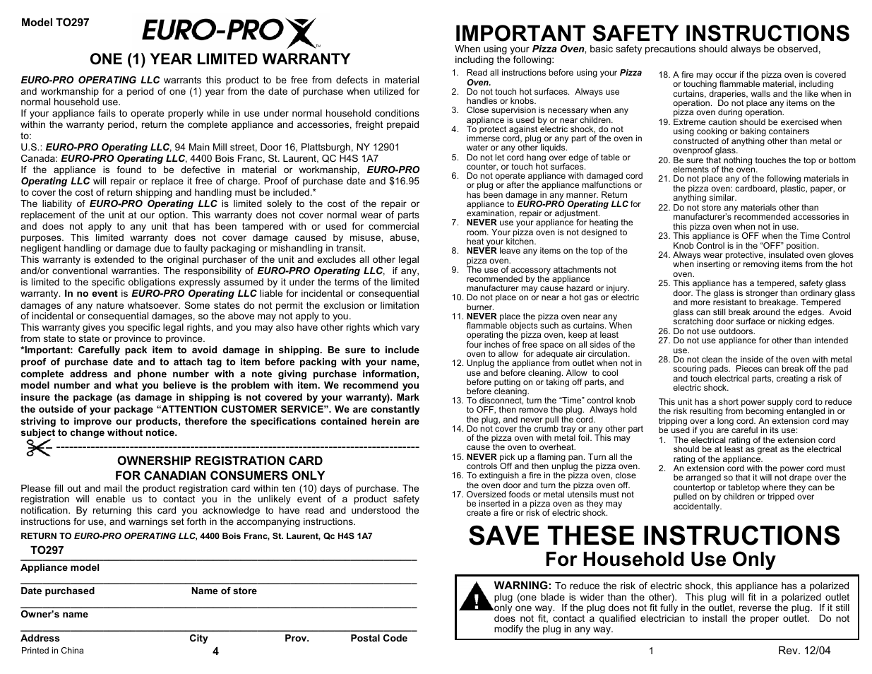 Save these instructions, Important safety instructions, For household use only | One (1) year limited warranty | Euro-Pro TO297 User Manual | Page 3 / 4