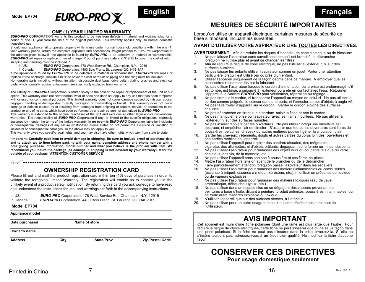 Conserver ces directives, English français, Avis important | Mesures de sécurité importantes, Ownership registration card, Pour usage domestique seulement printed in china | Euro-Pro EP704 User Manual | Page 10 / 14