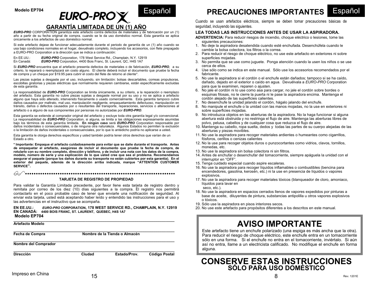 Conserve estas instrucciones, Aviso importante, Español | Español precauciones importantes, Sólo para uso doméstico, Garantía limitada de un (1) año | Euro-Pro EP704 User Manual | Page 11 / 14