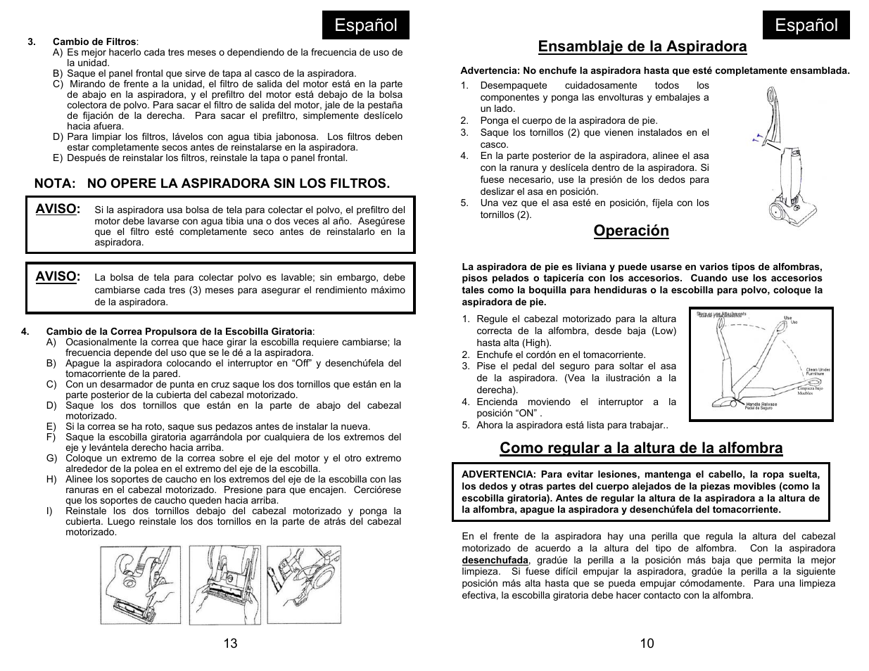 Español, Ensamblaje de la aspiradora, Operación | Como regular a la altura de la alfombra, Aviso | Euro-Pro EP704 User Manual | Page 13 / 14