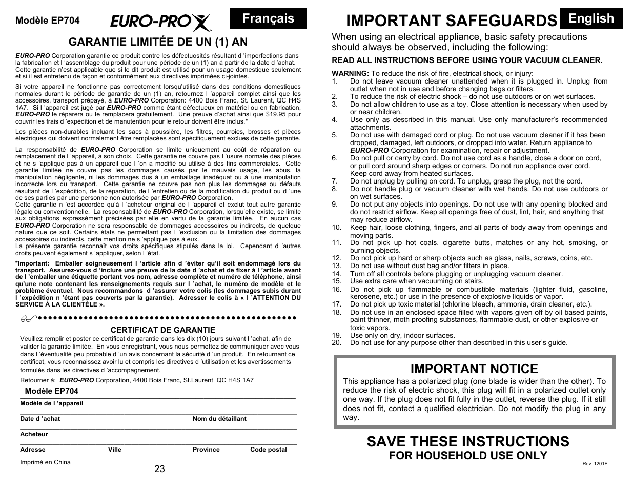 Important safeguards, Save these instructions, Français english | Important notice, Garantie limitée de un (1) an, For household use only | Euro-Pro EP704 User Manual | Page 3 / 14