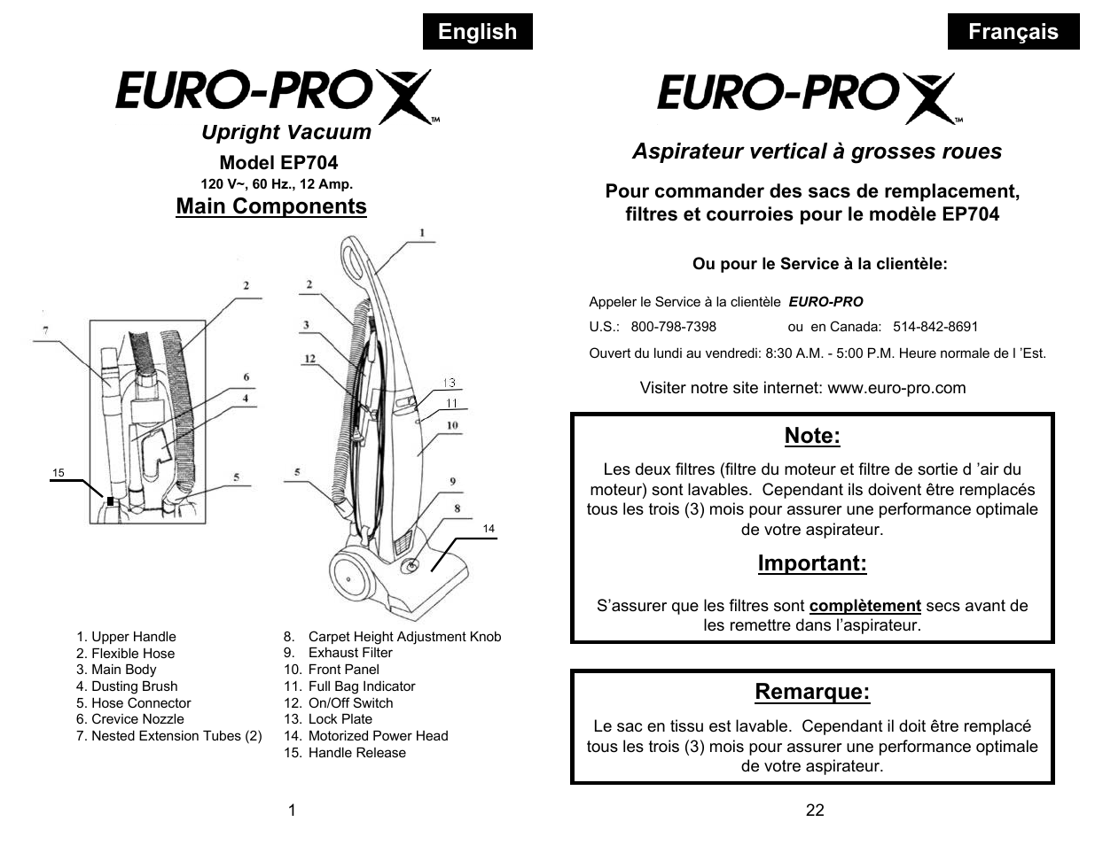 Main components, Important, Remarque | Euro-Pro EP704 User Manual | Page 4 / 14