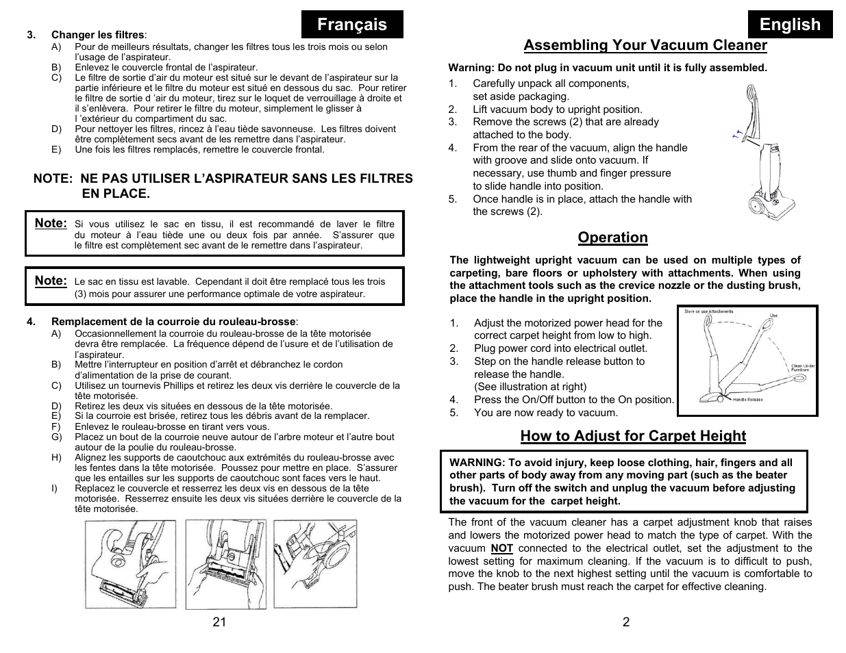 Français english, Assembling your vacuum cleaner, Operation | How to adjust for carpet height | Euro-Pro EP704 User Manual | Page 5 / 14