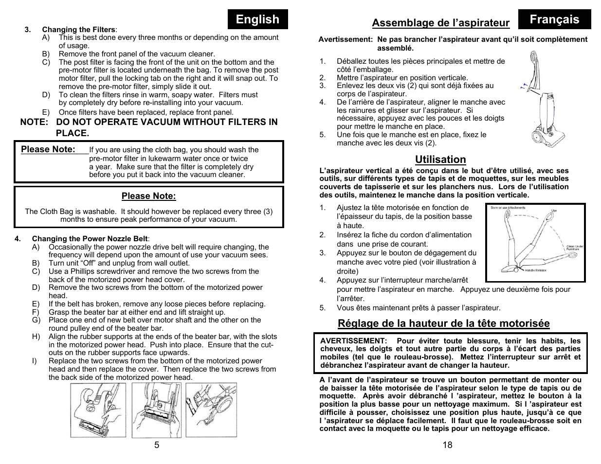 English, Français, Assemblage de l’aspirateur | Utilisation, Réglage de la hauteur de la tête motorisée | Euro-Pro EP704 User Manual | Page 8 / 14