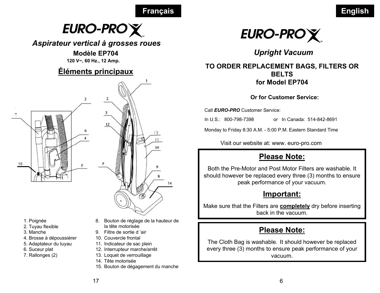 Éléments principaux, Important | Euro-Pro EP704 User Manual | Page 9 / 14