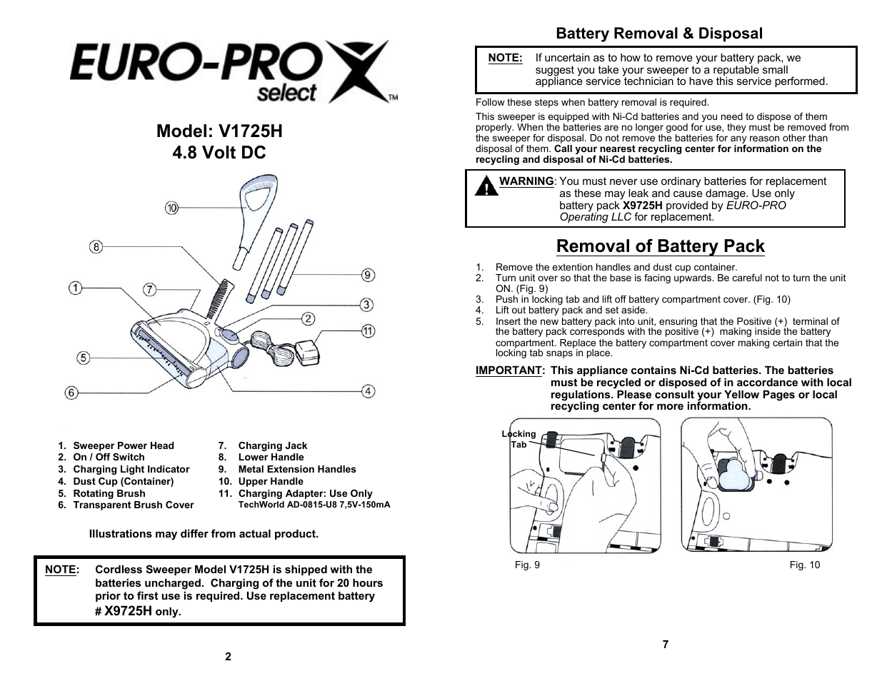 Removal of battery pack, Battery removal & disposal | Euro-Pro SELECT V1725H User Manual | Page 4 / 6