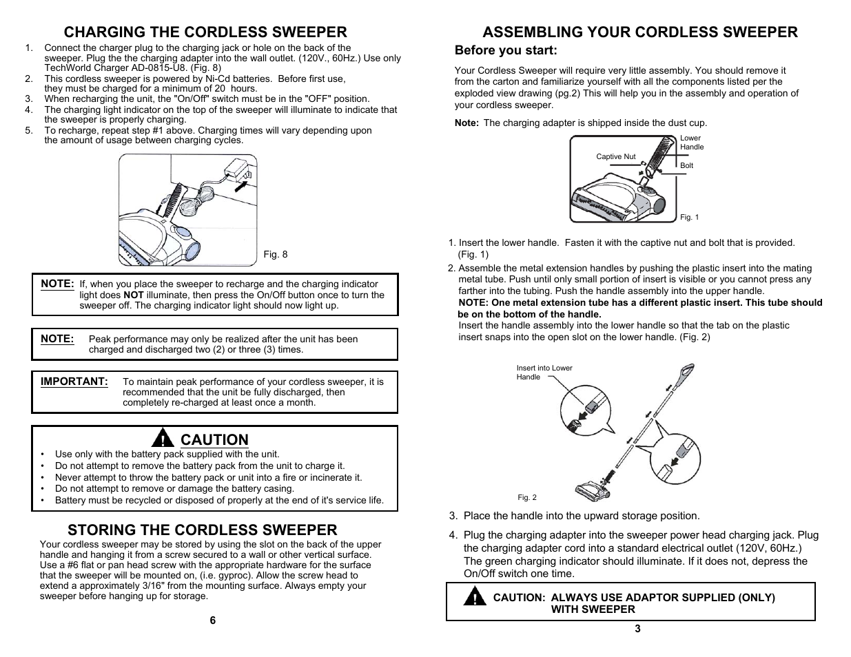 Caution, Storing the cordless sweeper, Before you start | Euro-Pro SELECT V1725H User Manual | Page 5 / 6