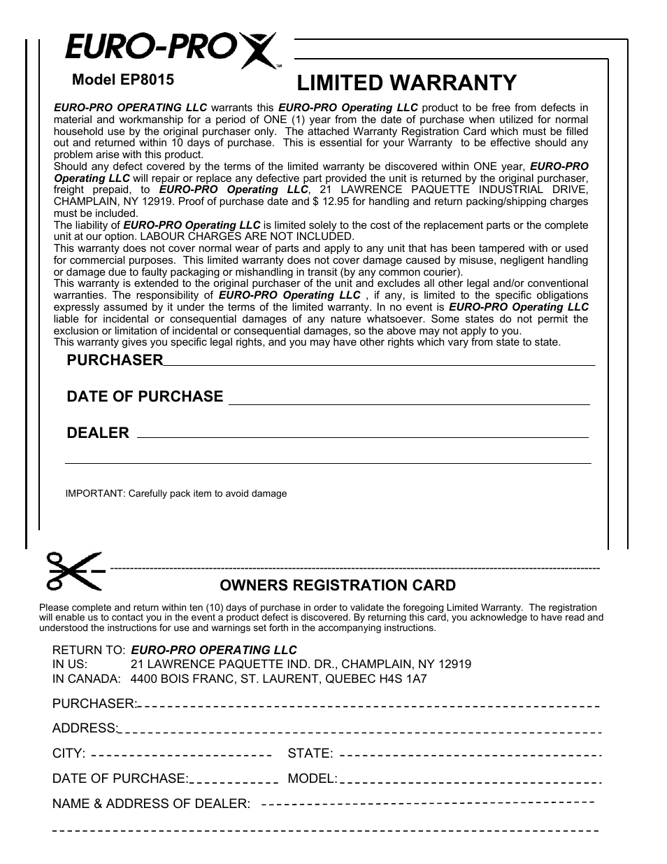 Limited warranty, Purchaser date of purchase dealer model ep8015, Owners registration card | Euro-Pro EP8015 User Manual | Page 12 / 12