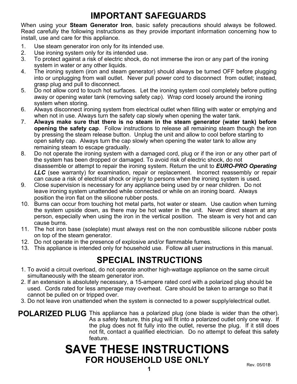 Save these instructions, Important safeguards, Special instructions | For household use only, Polarized plug | Euro-Pro EP8015 User Manual | Page 2 / 12