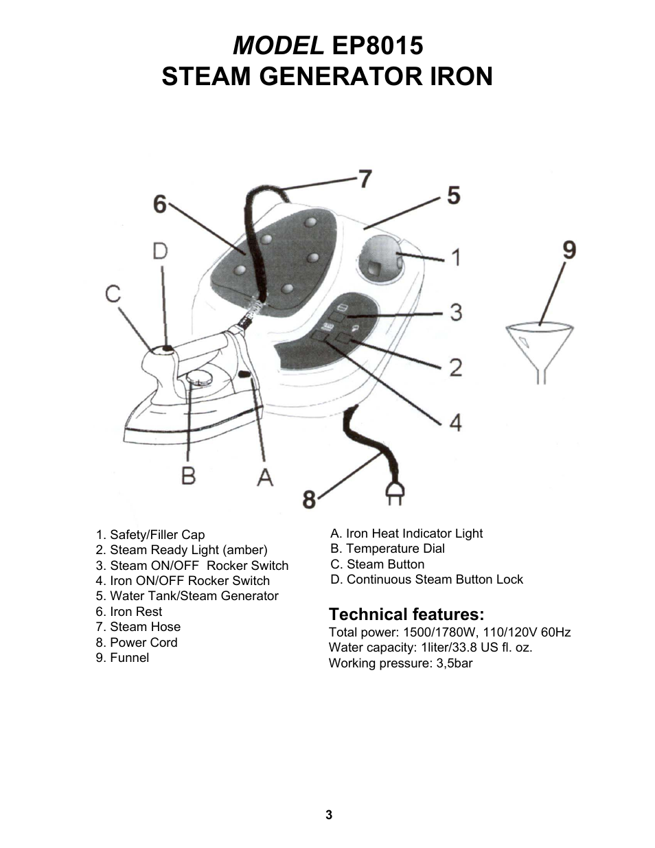 Model ep8015 steam generator iron | Euro-Pro EP8015 User Manual | Page 4 / 12