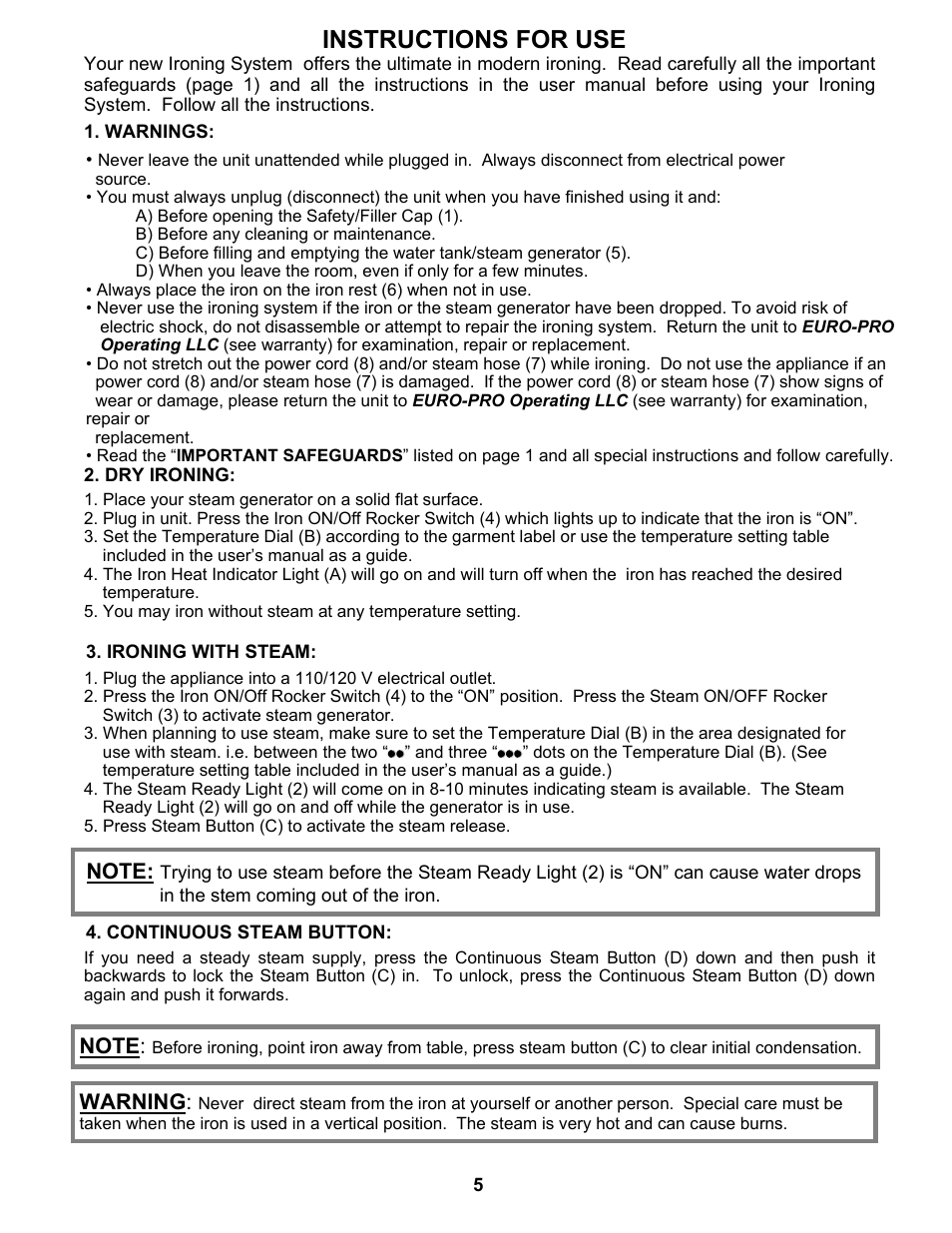 Instructions for use, Warning | Euro-Pro EP8015 User Manual | Page 6 / 12