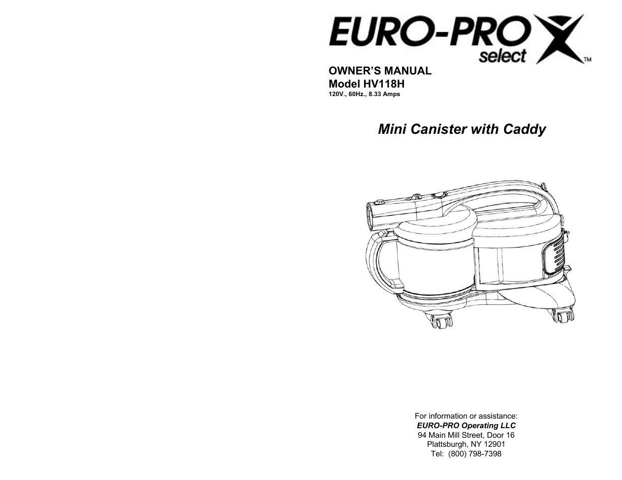 Euro-Pro MINI CANISTER WITH CADDY HV118H User Manual | 6 pages