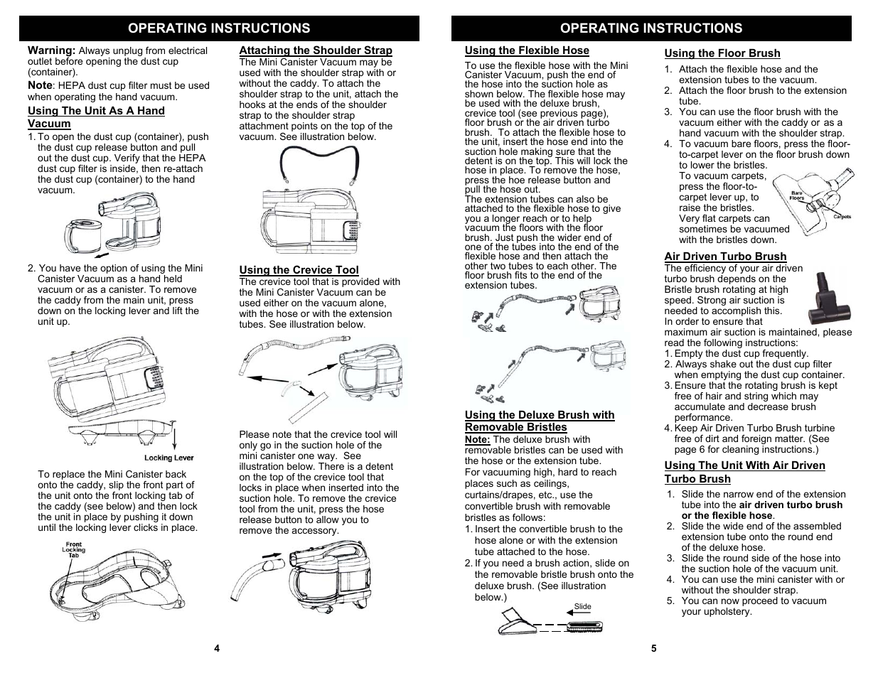 Operating instructions | Euro-Pro MINI CANISTER WITH CADDY HV118H User Manual | Page 6 / 6