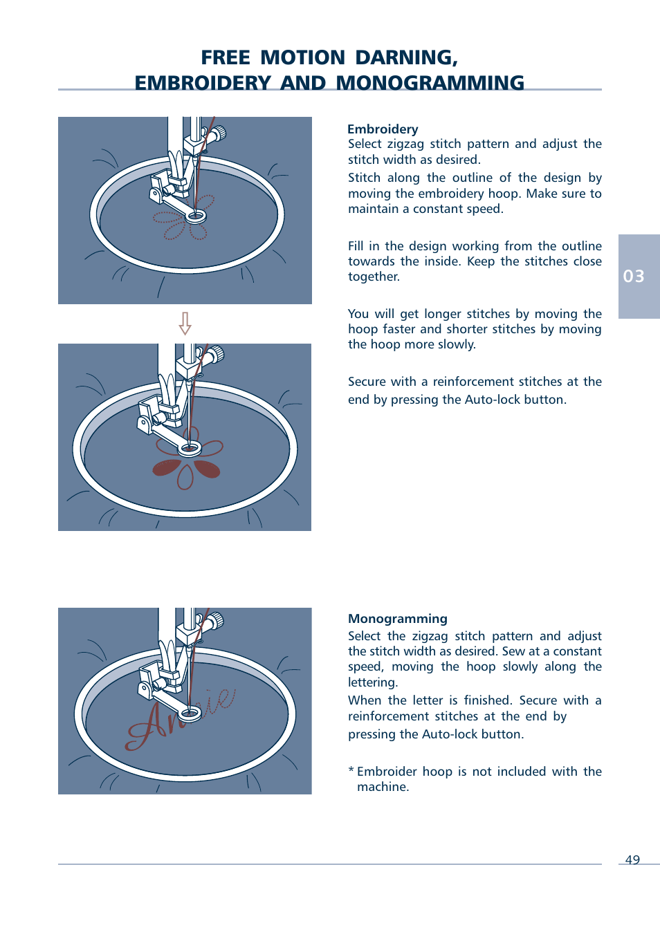 Free motion darning, embroidery and monogramming | Euro-Pro INTELLI SEW 9136C User Manual | Page 51 / 68