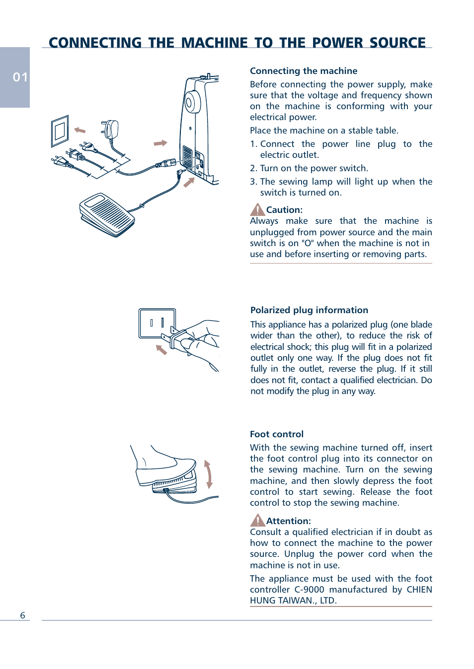 Connecting the machine to the power source | Euro-Pro INTELLI SEW 9136C User Manual | Page 8 / 68