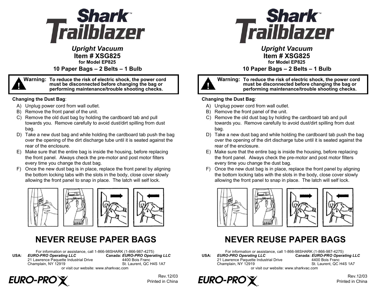 Euro-Pro SHARK TRAILBLAZER EP825 User Manual | 2 pages