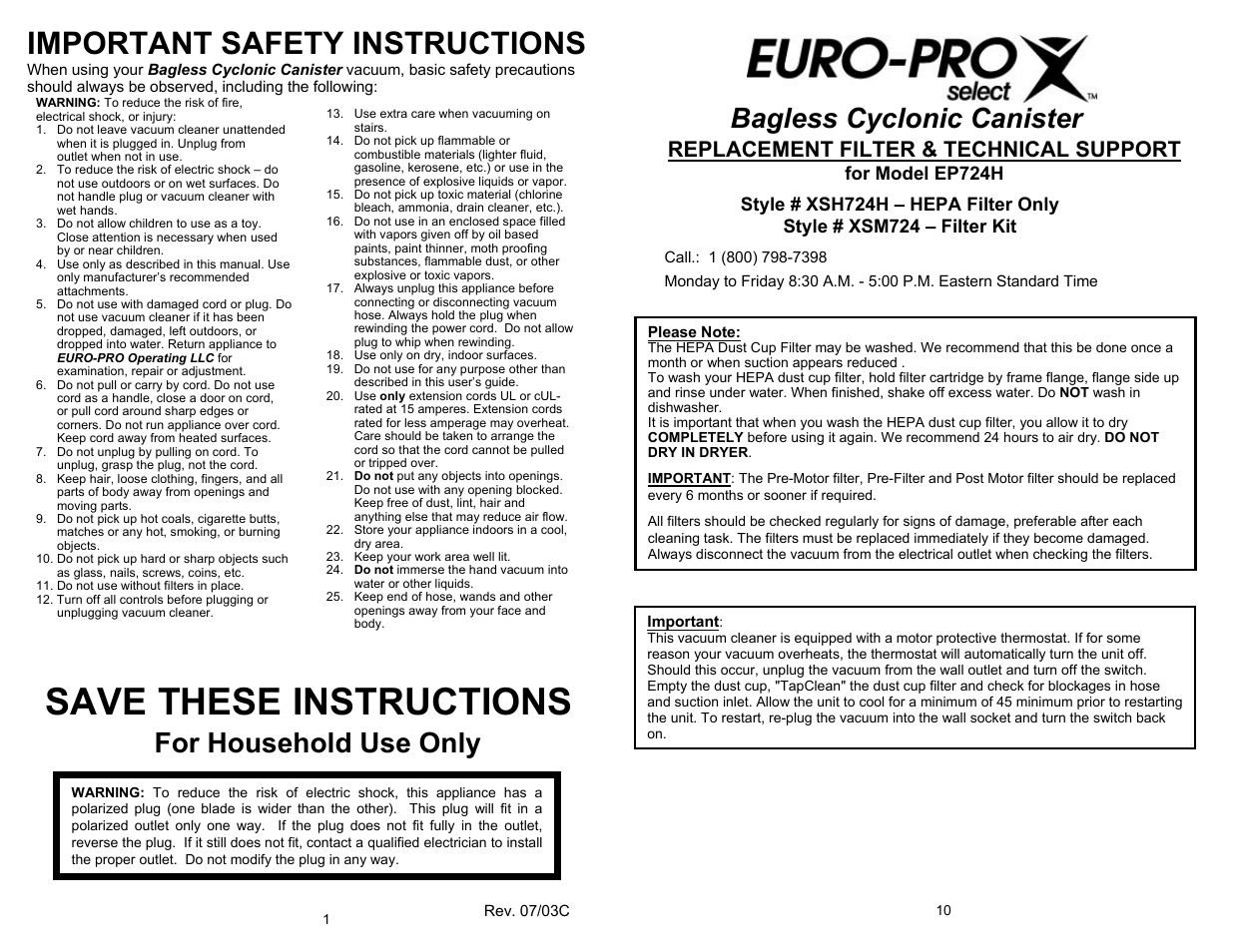 Save these instructions, Important safety instructions, Bagless cyclonic canister | For household use only, Replacement filter & technical support | Euro-Pro SELECT EP724H User Manual | Page 2 / 6