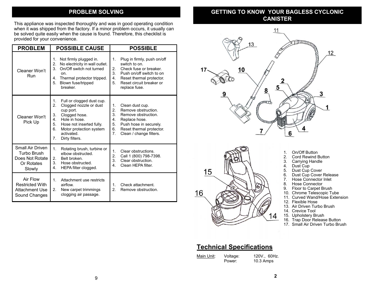 Technical specifications, 17 problem possible cause possible | Euro-Pro SELECT EP724H User Manual | Page 3 / 6