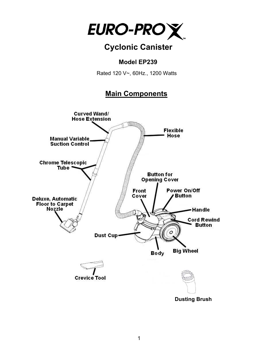 Cyclonic canister | Euro-Pro CYCLONIC CANISTER EP239 User Manual | Page 3 / 10