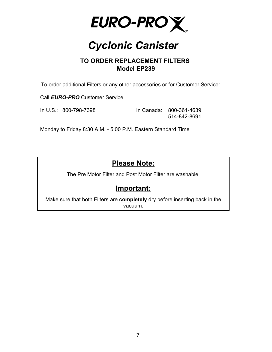 Cyclonic canister, Important | Euro-Pro CYCLONIC CANISTER EP239 User Manual | Page 9 / 10