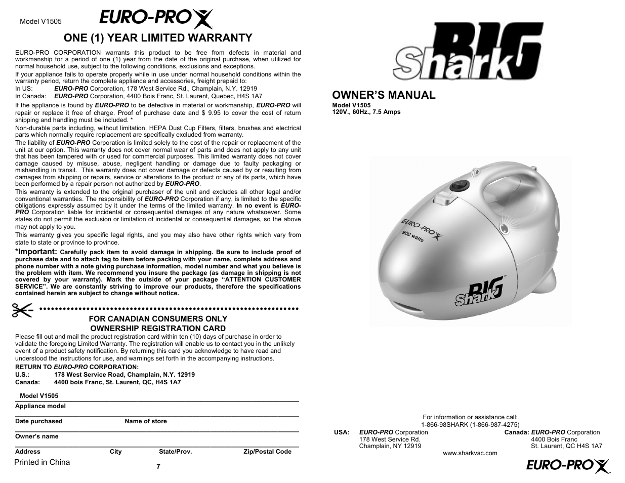 Euro-Pro BIG SHARK V1505 User Manual | 4 pages