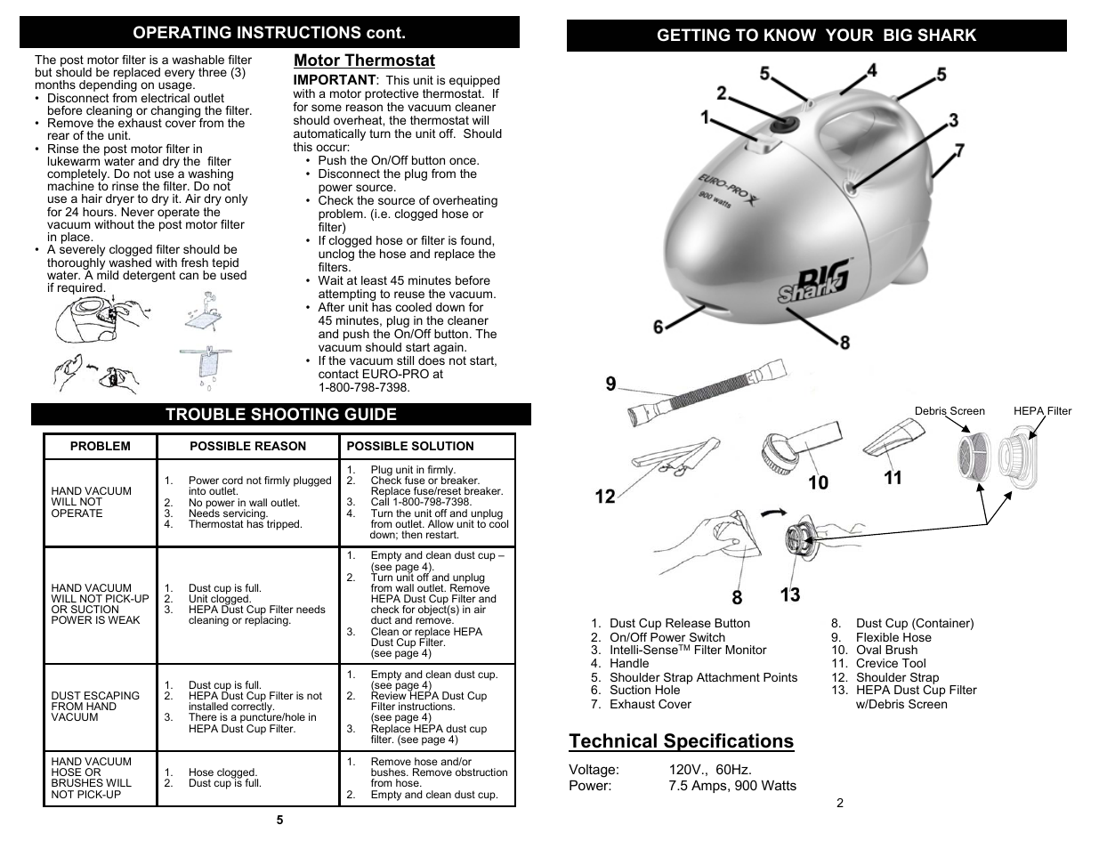 Technical specifications, Motor thermostat, Trouble shooting guide | Euro-Pro BIG SHARK V1505 User Manual | Page 3 / 4