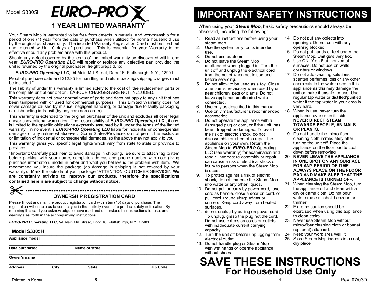 Save these instructions, For household use only, Important safety instructions | 1 year limited warranty | Euro-Pro S3305H User Manual | Page 3 / 6