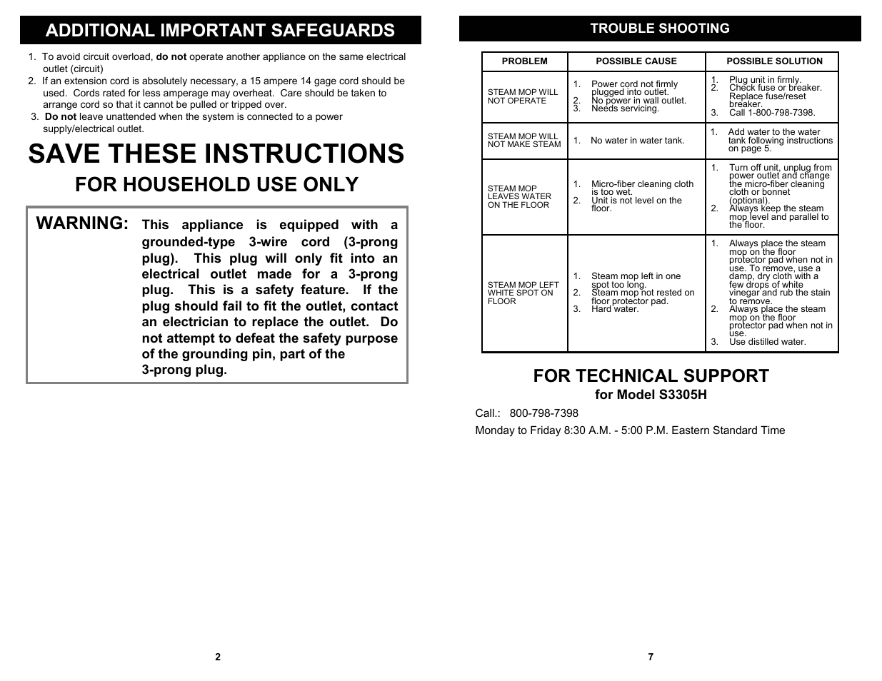 Save these instructions, For household use only, Additional important safeguards | Warning, For technical support, Trouble shooting, For model s3305h | Euro-Pro S3305H User Manual | Page 4 / 6