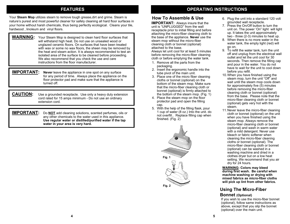 Features operating instructions, How to assemble & use, Caution | Important, Warning, Using the micro-fiber bonnet | Euro-Pro S3305H User Manual | Page 6 / 6