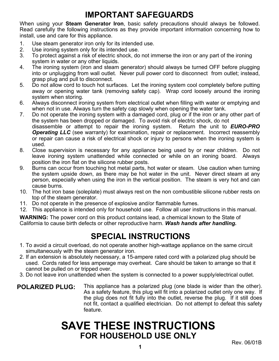 Save these instructions, Important safeguards, Special instructions | For household use only | Euro-Pro EP8020 User Manual | Page 3 / 13