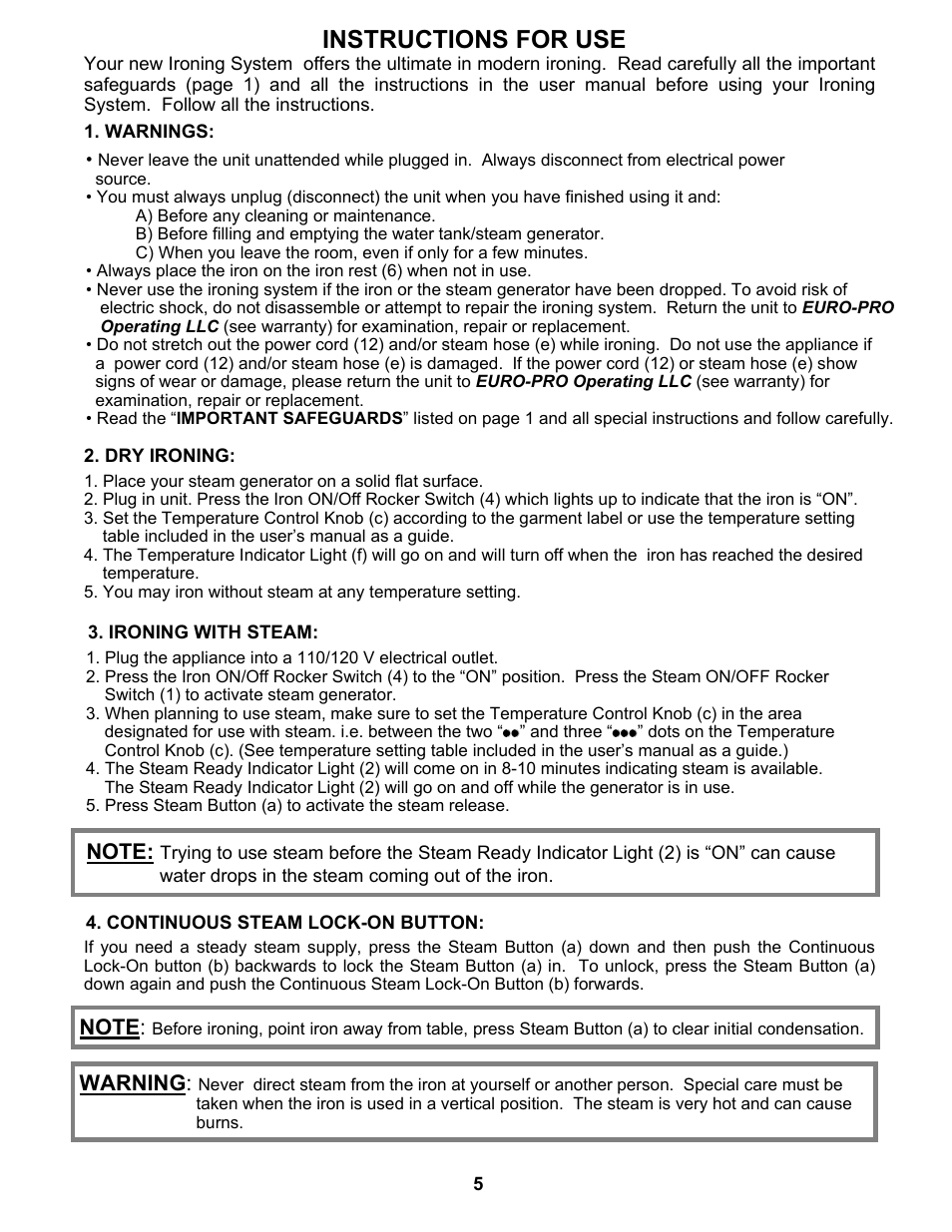 Instructions for use, Warning | Euro-Pro EP8020 User Manual | Page 7 / 13