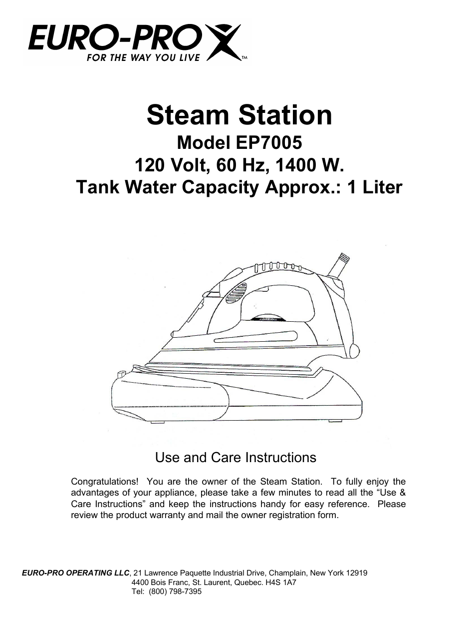 Euro-Pro STEAM STATION EP7005 User Manual | 17 pages