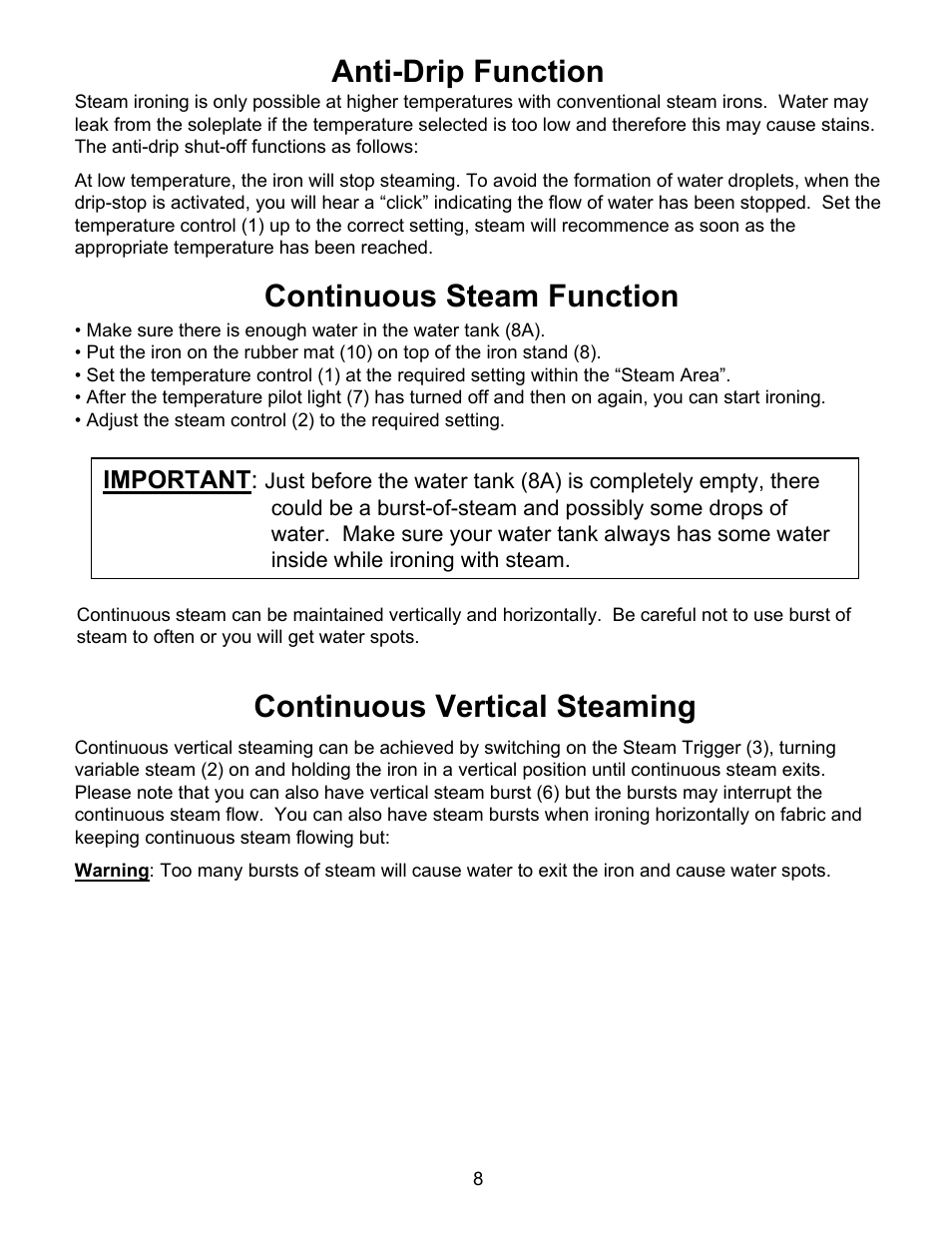 Anti-drip function, Continuous steam function, Continuous vertical steaming | Euro-Pro STEAM STATION EP7005 User Manual | Page 11 / 17
