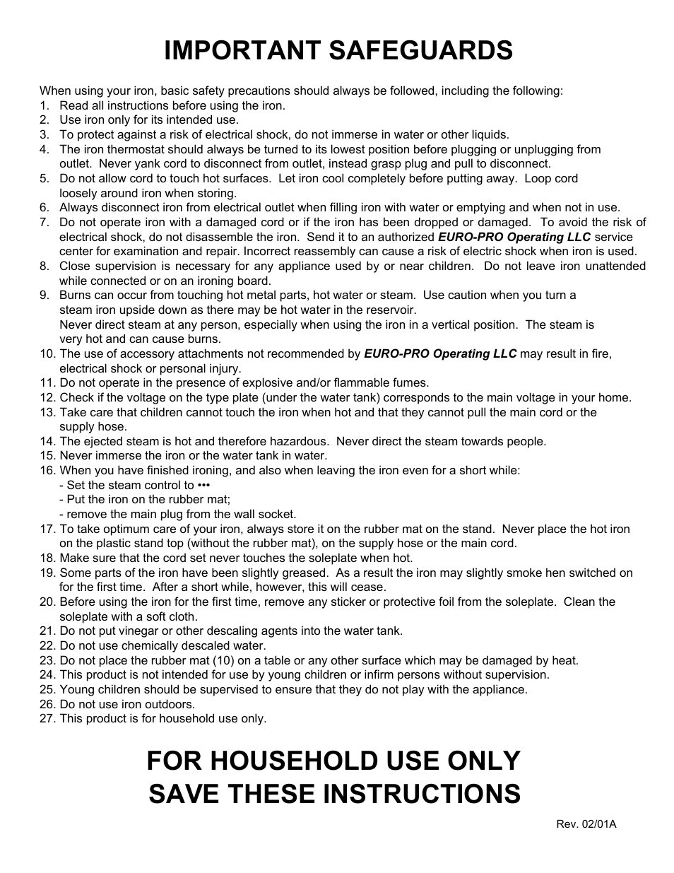 Important safeguards, Save these instructions for household use only | Euro-Pro STEAM STATION EP7005 User Manual | Page 2 / 17