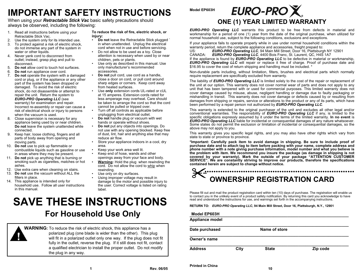 Save these instructions, Important safety instructions, For household use only | Ownership registration card, One (1) year limited warranty | Euro-Pro EP603H User Manual | Page 2 / 6