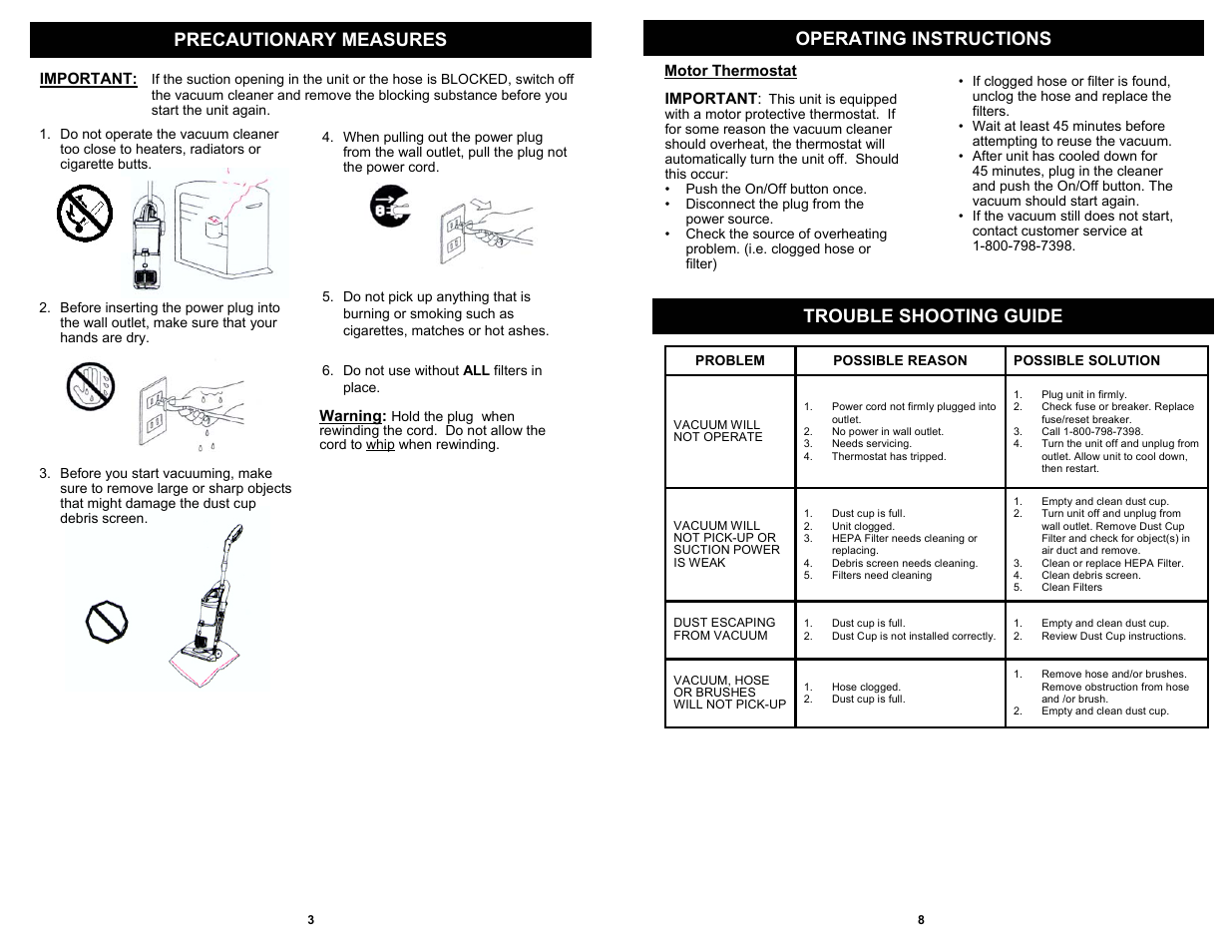 Operating instructions precautionary measures, Trouble shooting guide | Euro-Pro EP603H User Manual | Page 4 / 6