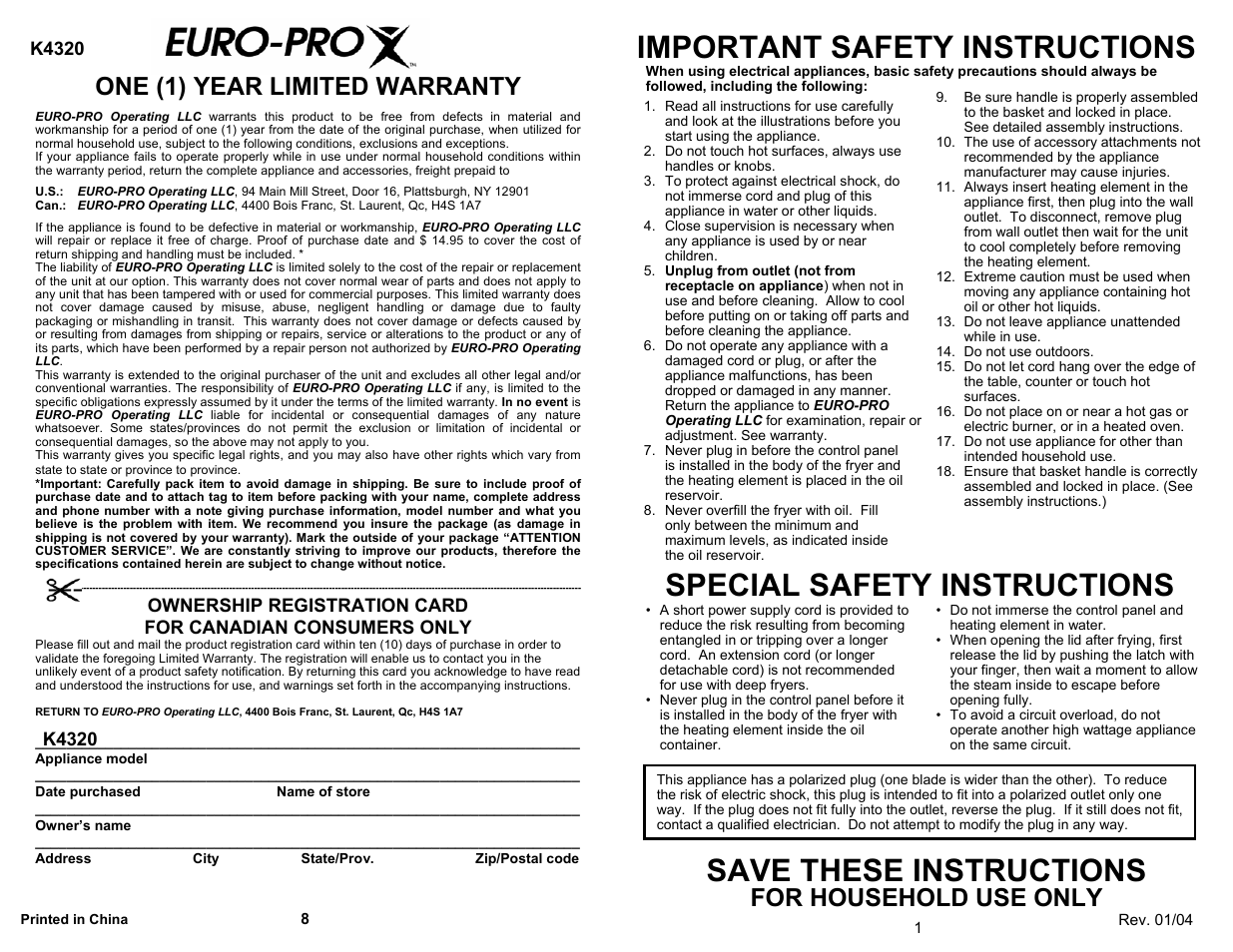 Save these instructions, Important safety instructions, Special safety instructions | For household use only, One (1) year limited warranty, K4320 | Euro-Pro K4320 User Manual | Page 3 / 6