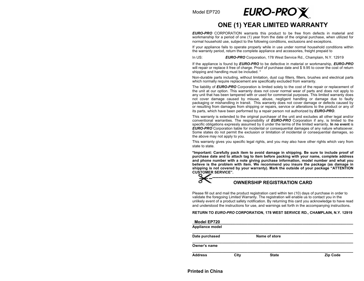 One (1) year limited warranty | Euro-Pro EP720 User Manual | Page 2 / 8