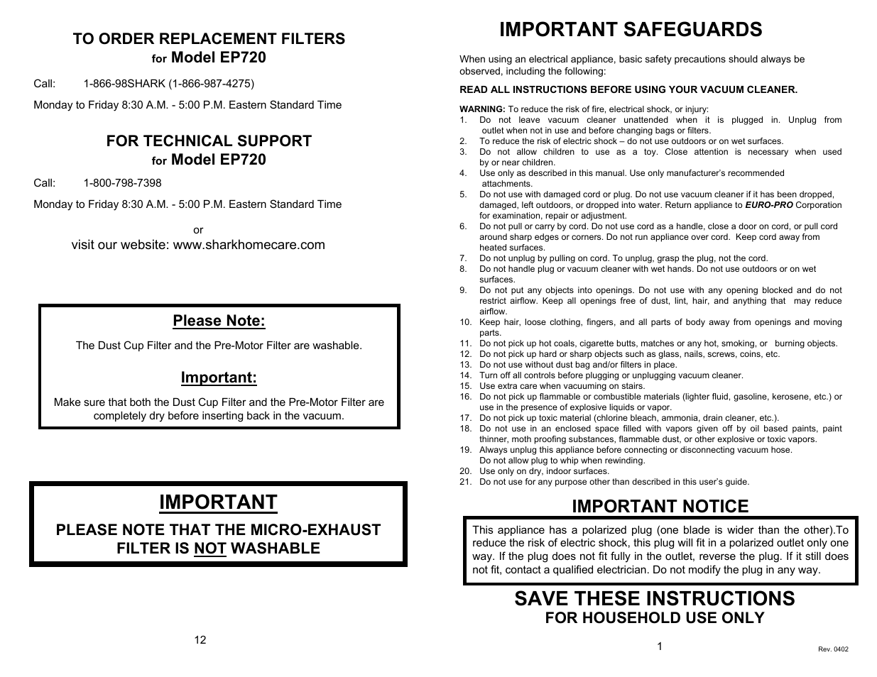 Important safeguards, Save these instructions, Important notice | Model ep720, For technical support, Important, For household use only | Euro-Pro EP720 User Manual | Page 3 / 8