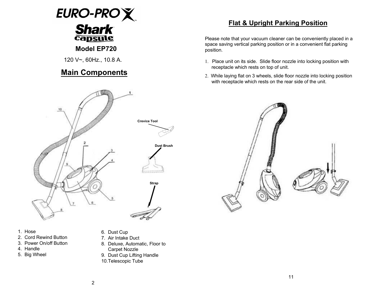 Main components, Flat & upright parking position, Model ep720 | Euro-Pro EP720 User Manual | Page 4 / 8