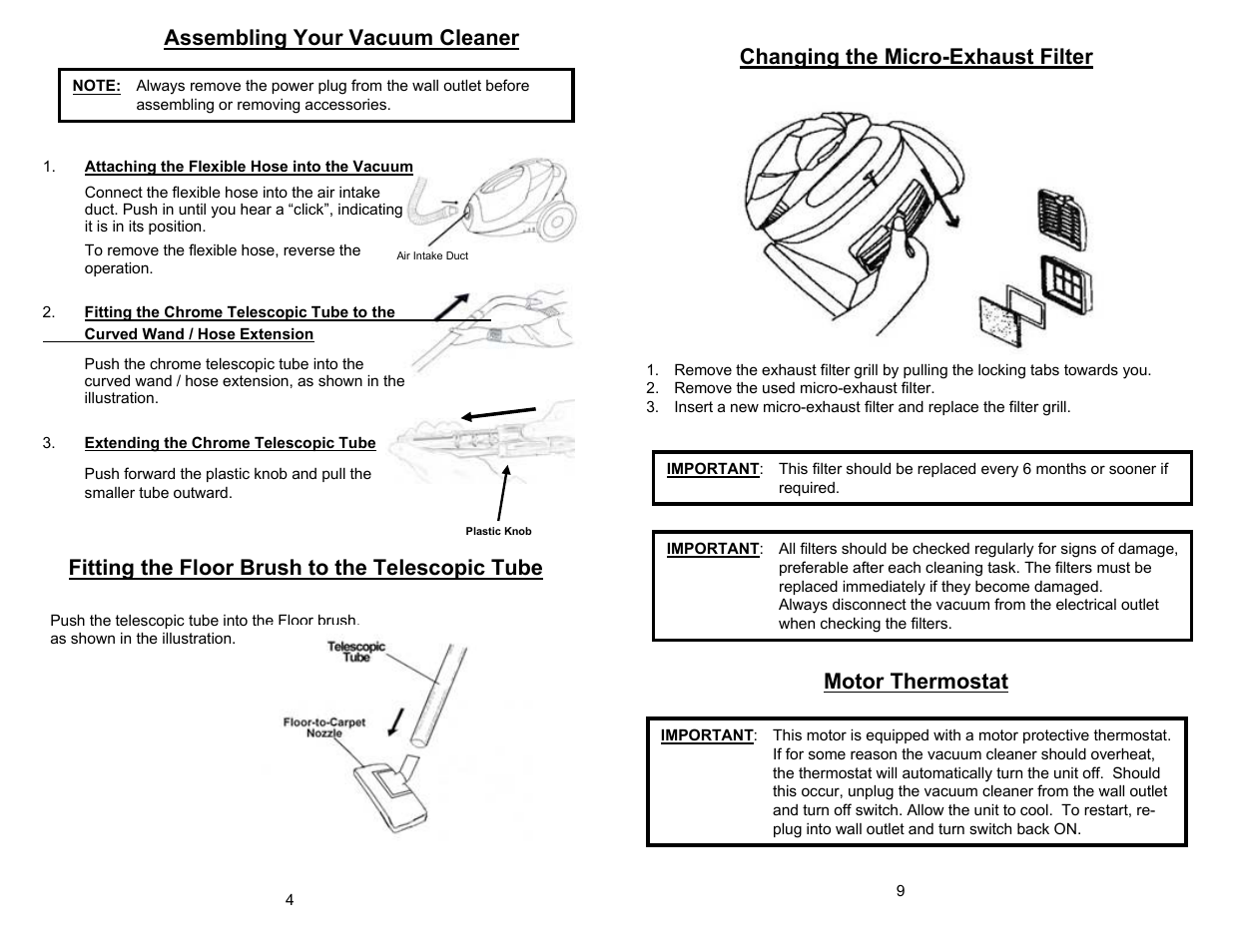 Fitting the floor brush to the telescopic tube, Motor thermostat | Euro-Pro EP720 User Manual | Page 6 / 8